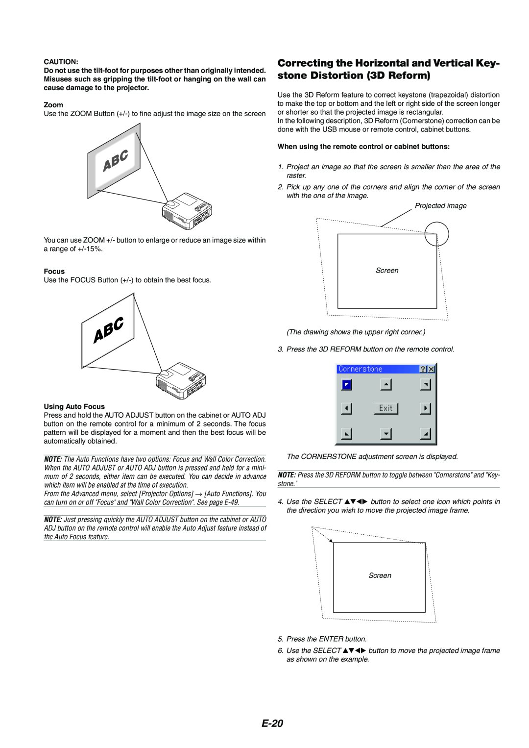 NEC MT1075/MT1065 user manual E-20, Zoom, When using the remote control or cabinet buttons, Using Auto Focus 