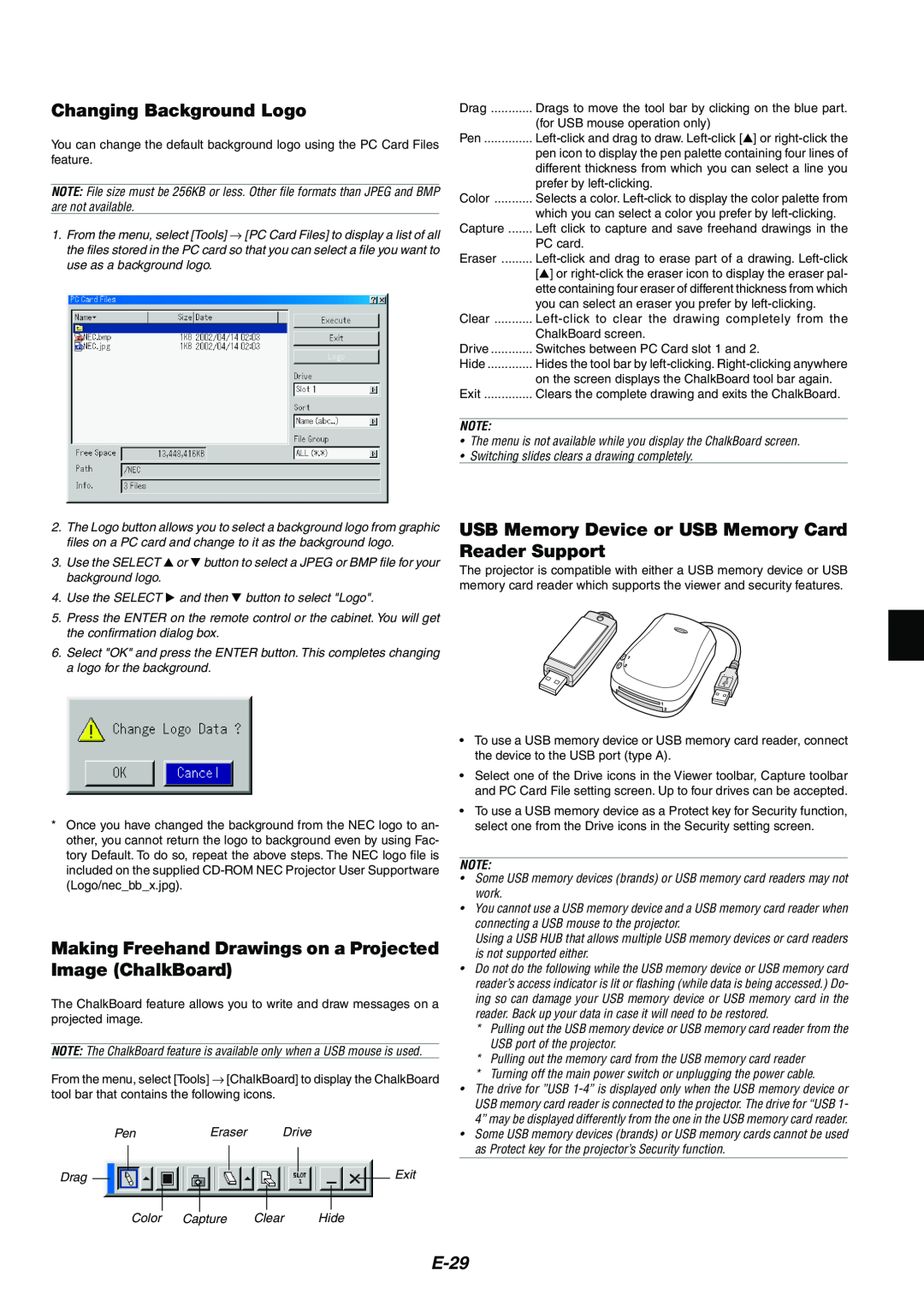 NEC MT1075/MT1065 user manual Changing Background Logo, E-29 