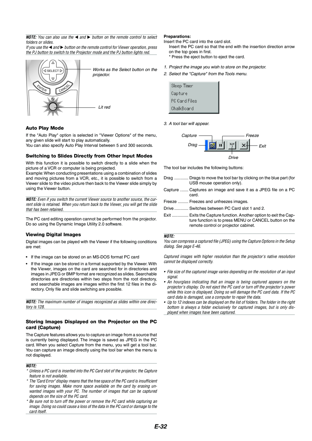 NEC MT1075/MT1065 user manual E-32, Auto Play Mode, Viewing Digital Images, Preparations 