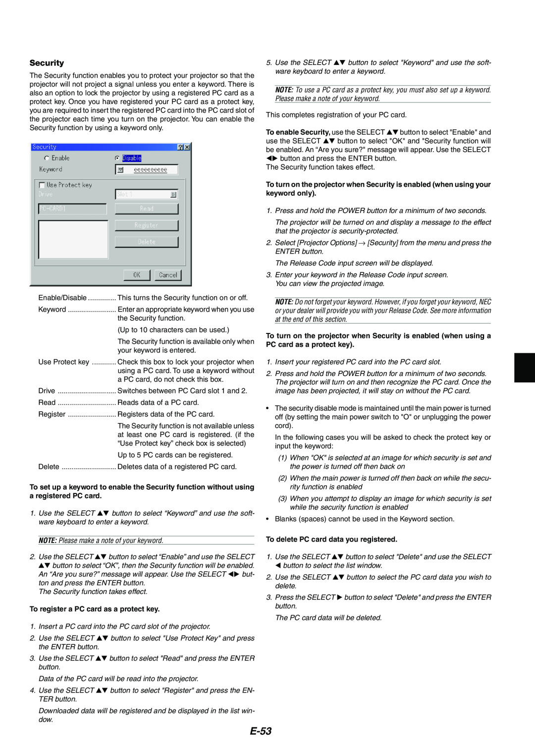 NEC MT1075/MT1065 user manual E-53, To register a PC card as a protect key, To enable Security, use the SELECT 