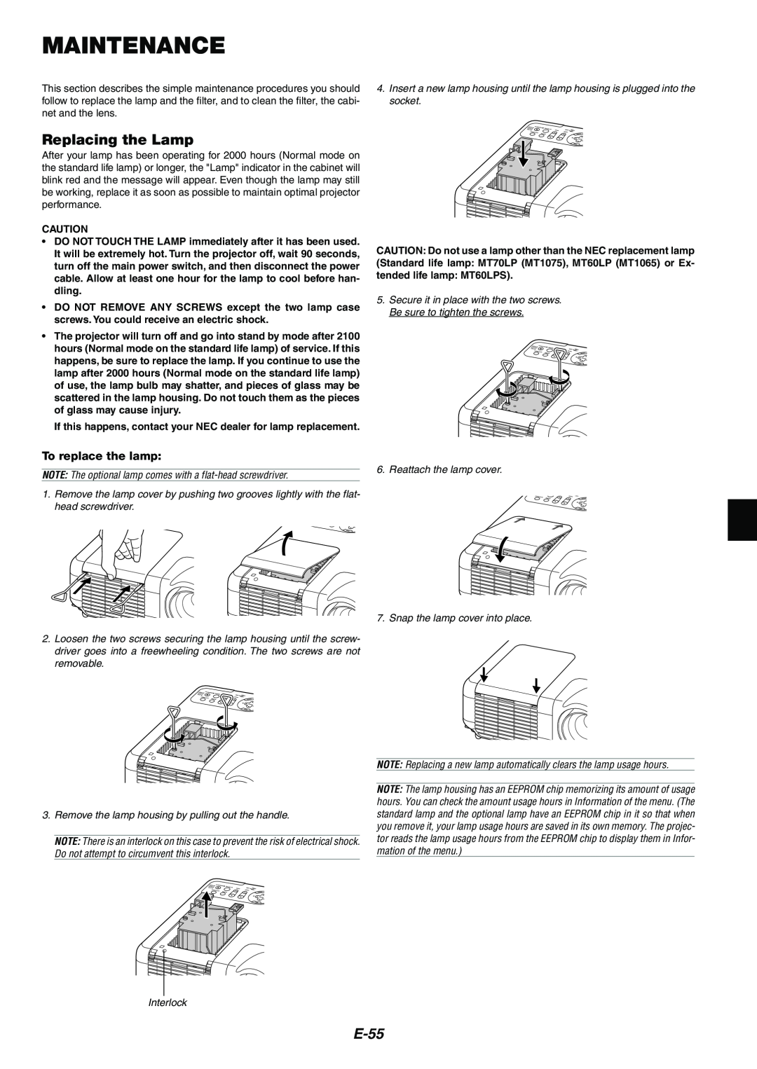 NEC MT1075/MT1065 user manual Maintenance, Replacing the Lamp, E-55, To replace the lamp, tended life lamp: MT60LPS 