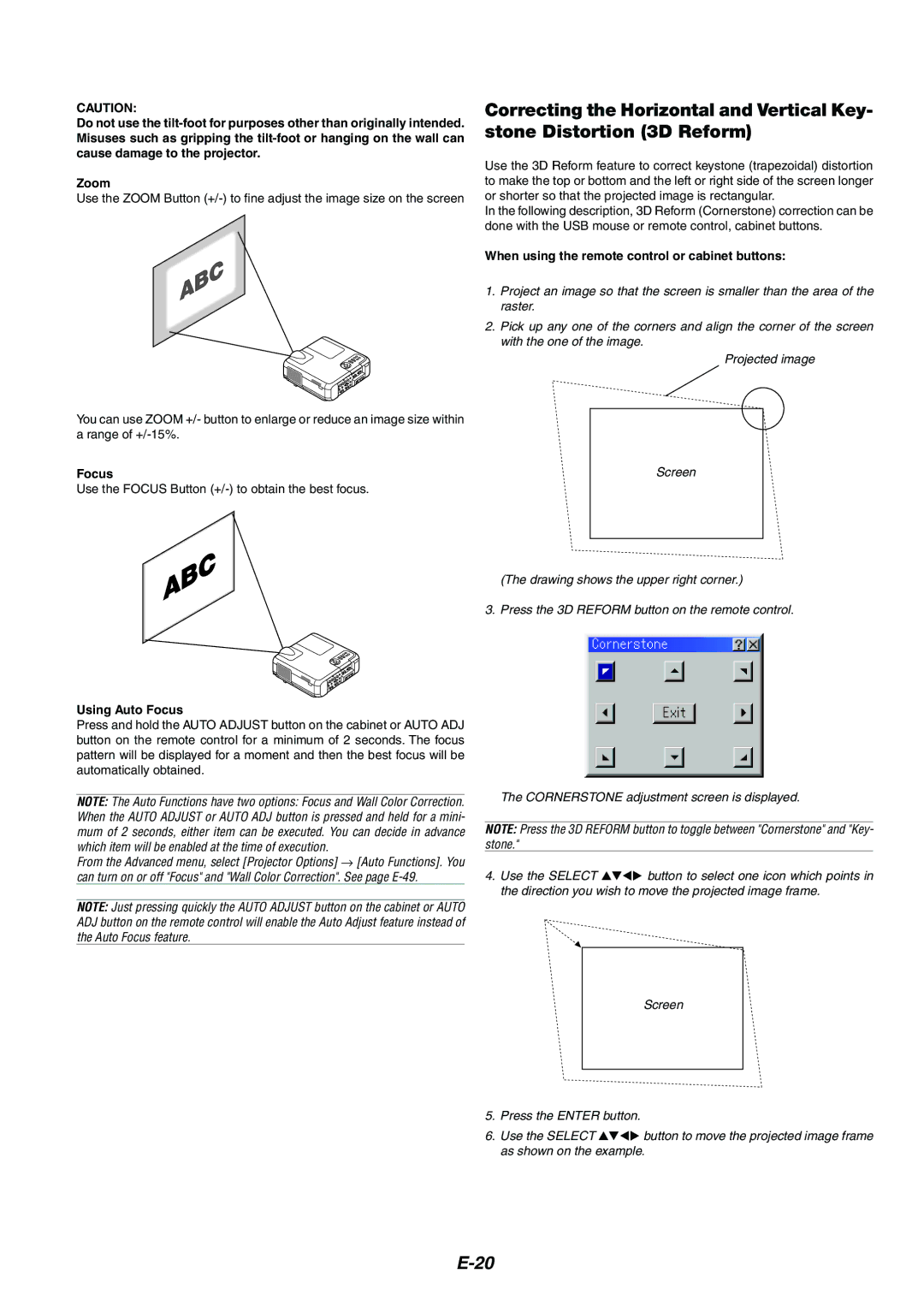 NEC MT1075/MT1065 user manual When using the remote control or cabinet buttons, Using Auto Focus 