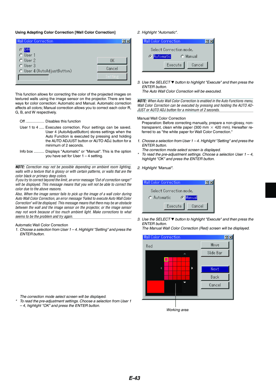 NEC MT1075/MT1065 user manual Using Adapting Color Correction Wall Color Correction 