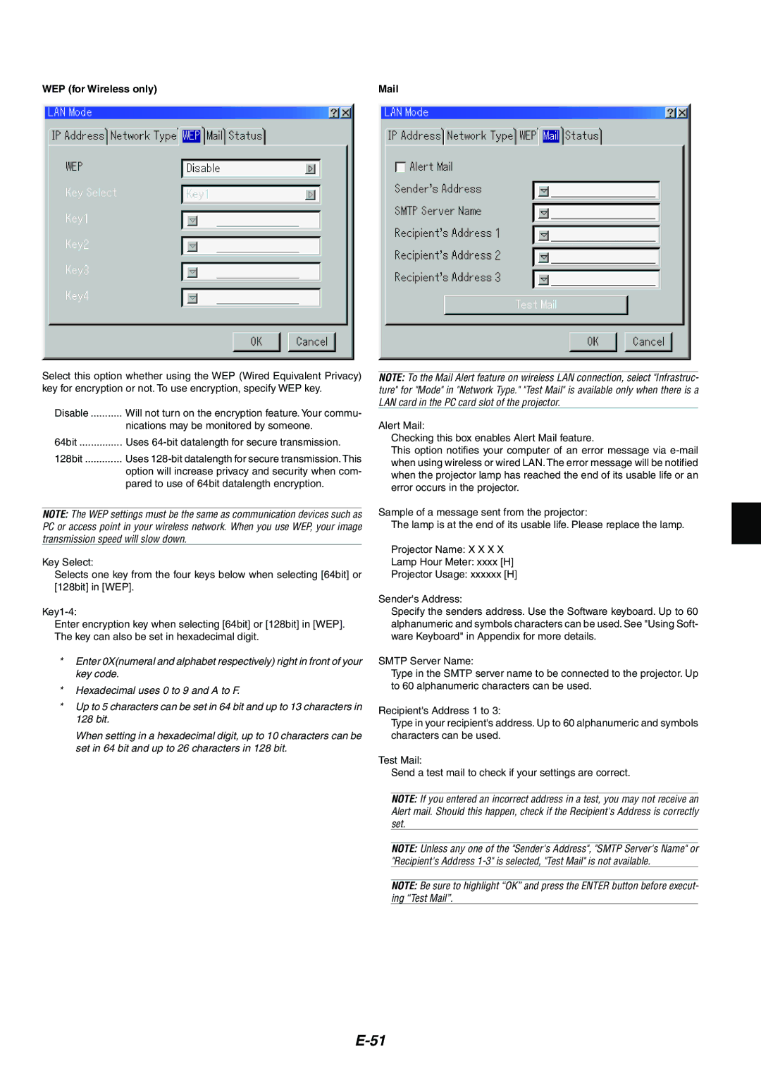 NEC MT1075/MT1065 user manual WEP for Wireless only, Nications may be monitored by someone, Mail 