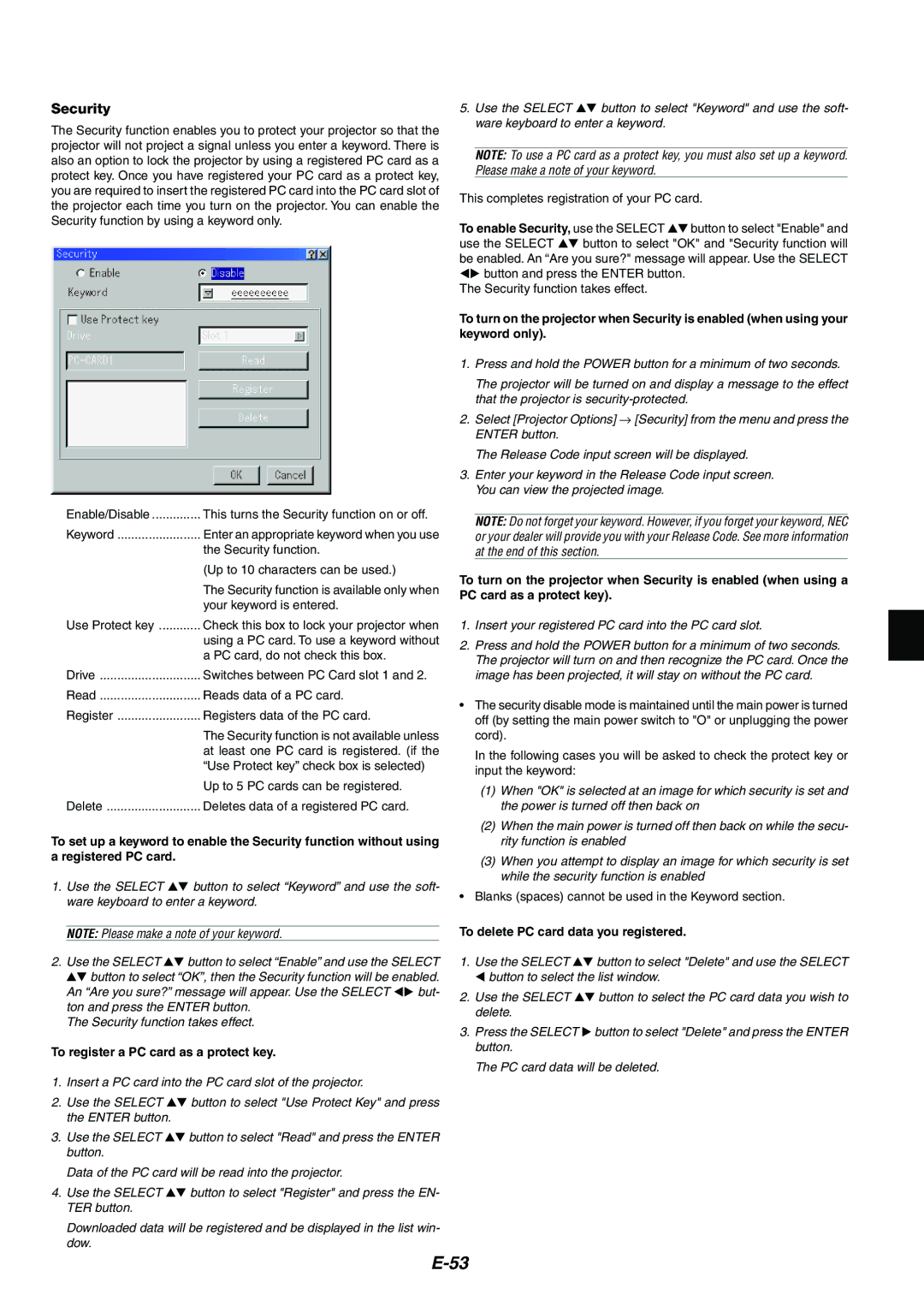 NEC MT1075/MT1065 user manual To enable Security, use the Select, To delete PC card data you registered 