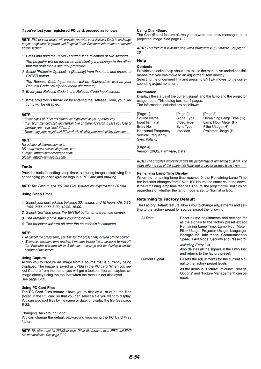 NEC MT1075/MT1065 user manual Tools, Help, Returning to Factory Default 