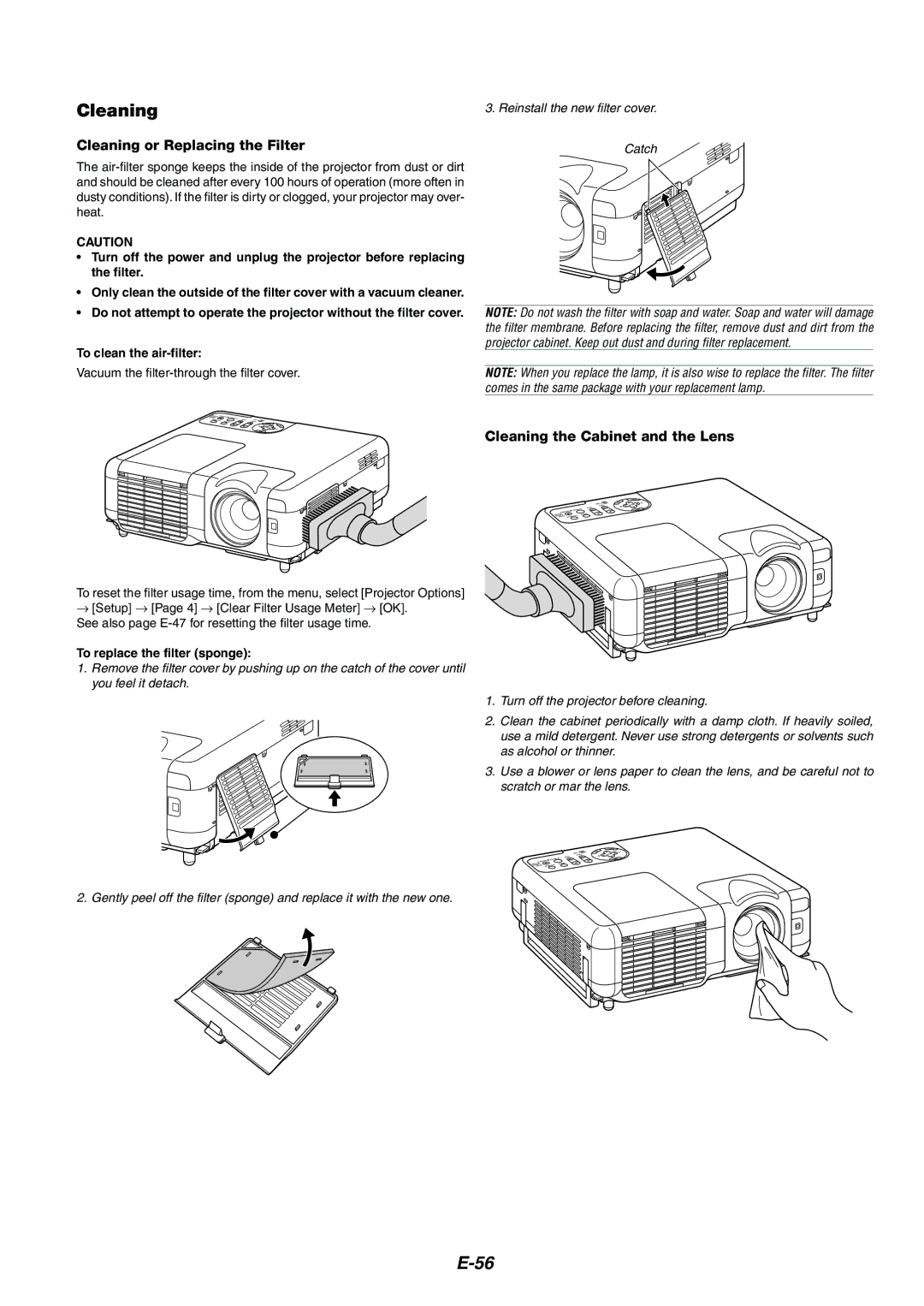 NEC MT1075/MT1065 Cleaning or Replacing the Filter, Cleaning the Cabinet and the Lens, To replace the filter sponge 