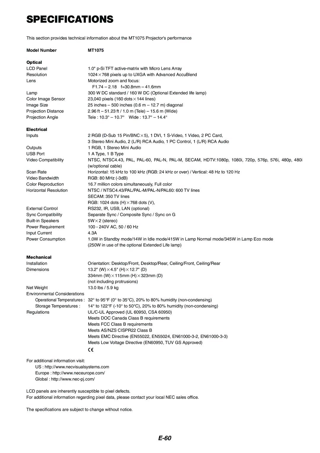 NEC MT1075/MT1065 user manual Specifications, Model Number MT1075 Optical 