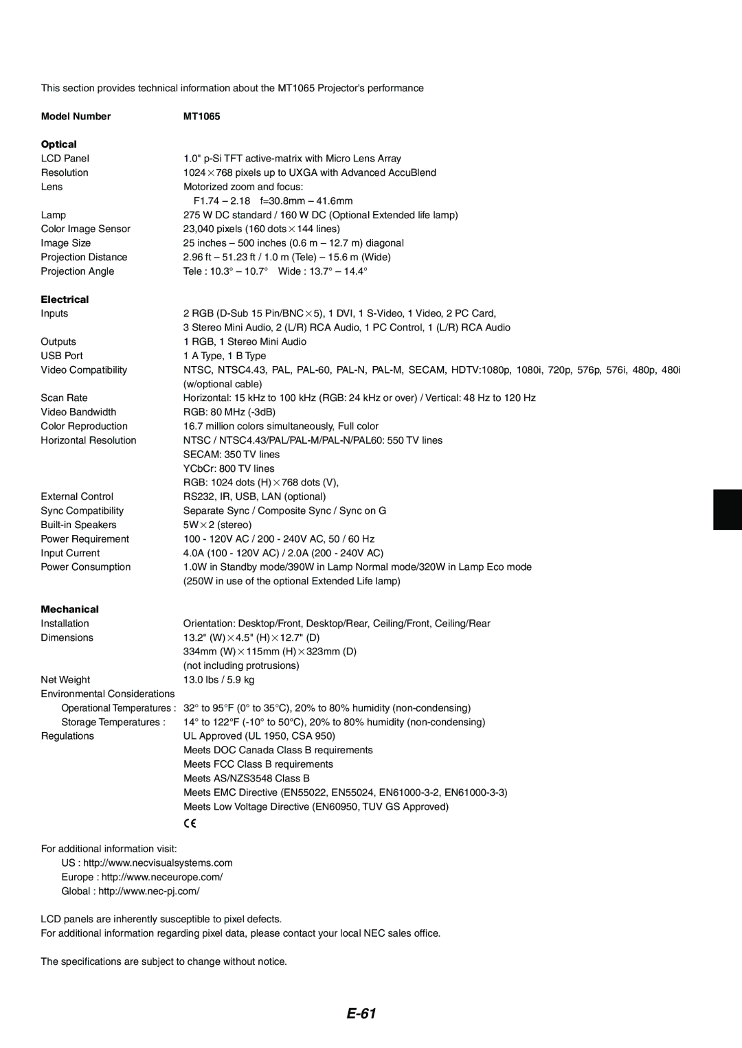 NEC MT1075/MT1065 user manual Model Number MT1065 Optical 