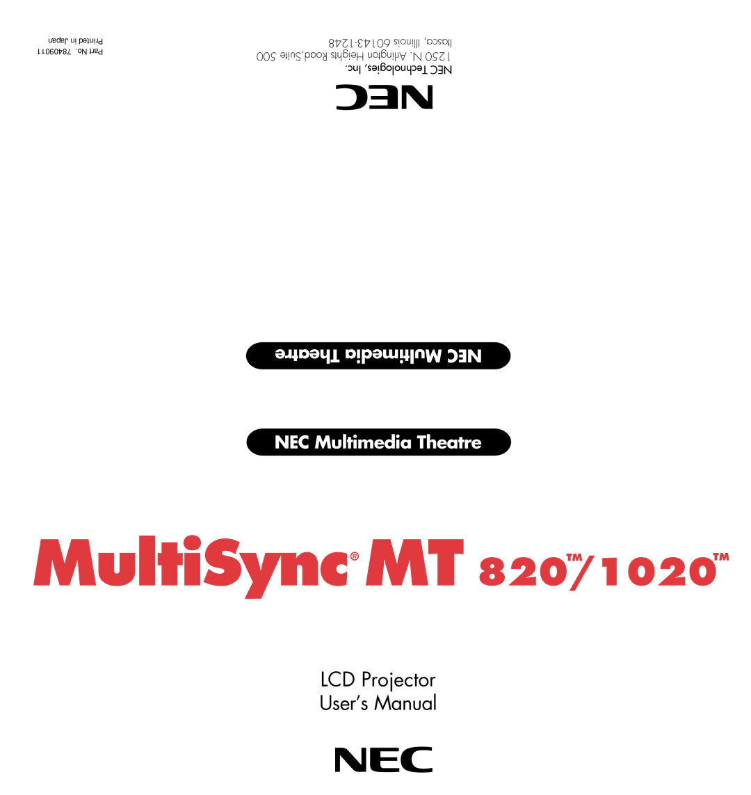 NEC MT1020, MT820 user manual MultiSync MT Tmtm 