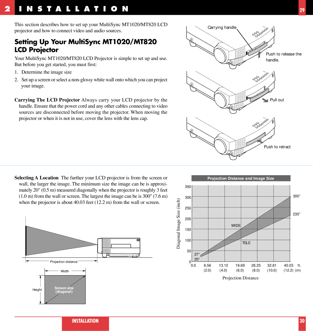 NEC user manual Installation, Setting Up Your MultiSync MT1020/MT820 LCD Projector 