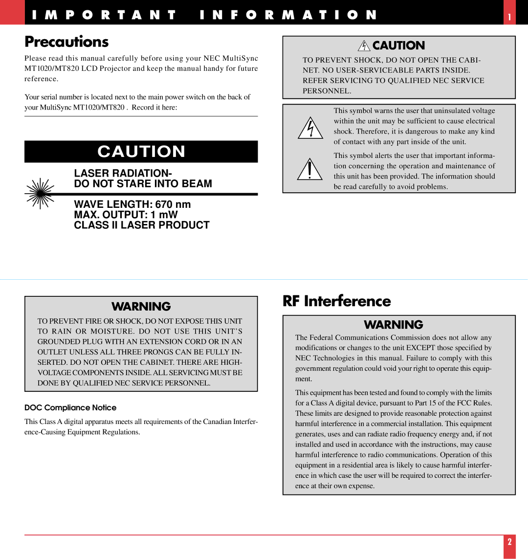 NEC MT820, MT1020 user manual Precautions, P O R T a N T I N F O R M a T I O N 