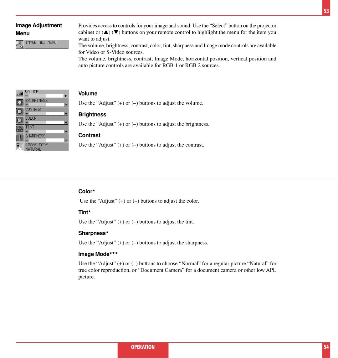 NEC MT820, MT1020 user manual Image Adjustment Menu, Volume, Brightness, Contrast, Color, Tint, Sharpness, Image Mode 