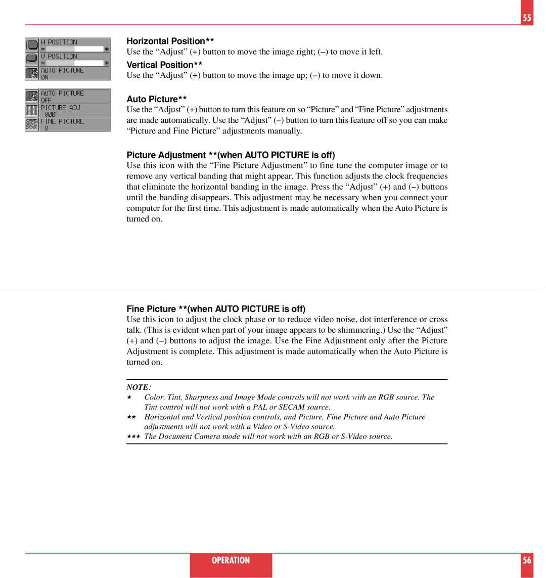 NEC MT1020, MT820 user manual Horizontal Position, Vertical Position, Picture Adjustment when Auto Picture is off 