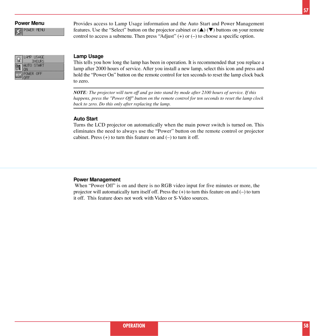 NEC MT820, MT1020 user manual Power Menu, Lamp Usage, Auto Start, Power Management 