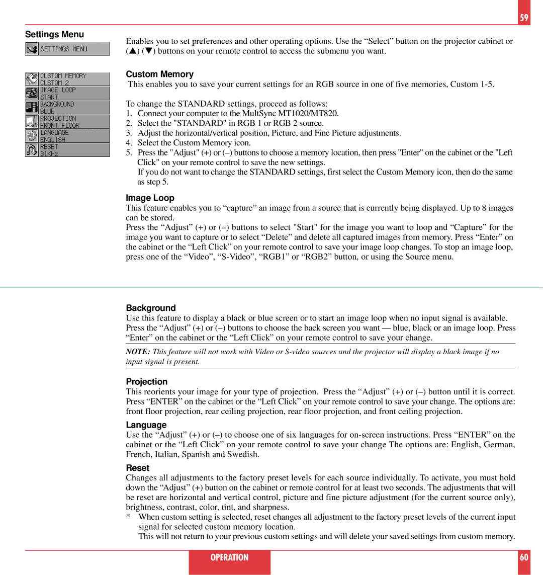 NEC MT1020, MT820 user manual Settings Menu, Custom Memory, Image Loop, Background, Projection, Language, Reset 