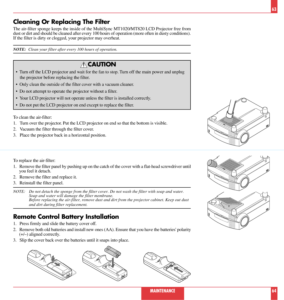 NEC MT1020, MT820 user manual Cleaning Or Replacing The Filter, Remote Control Battery Installation 