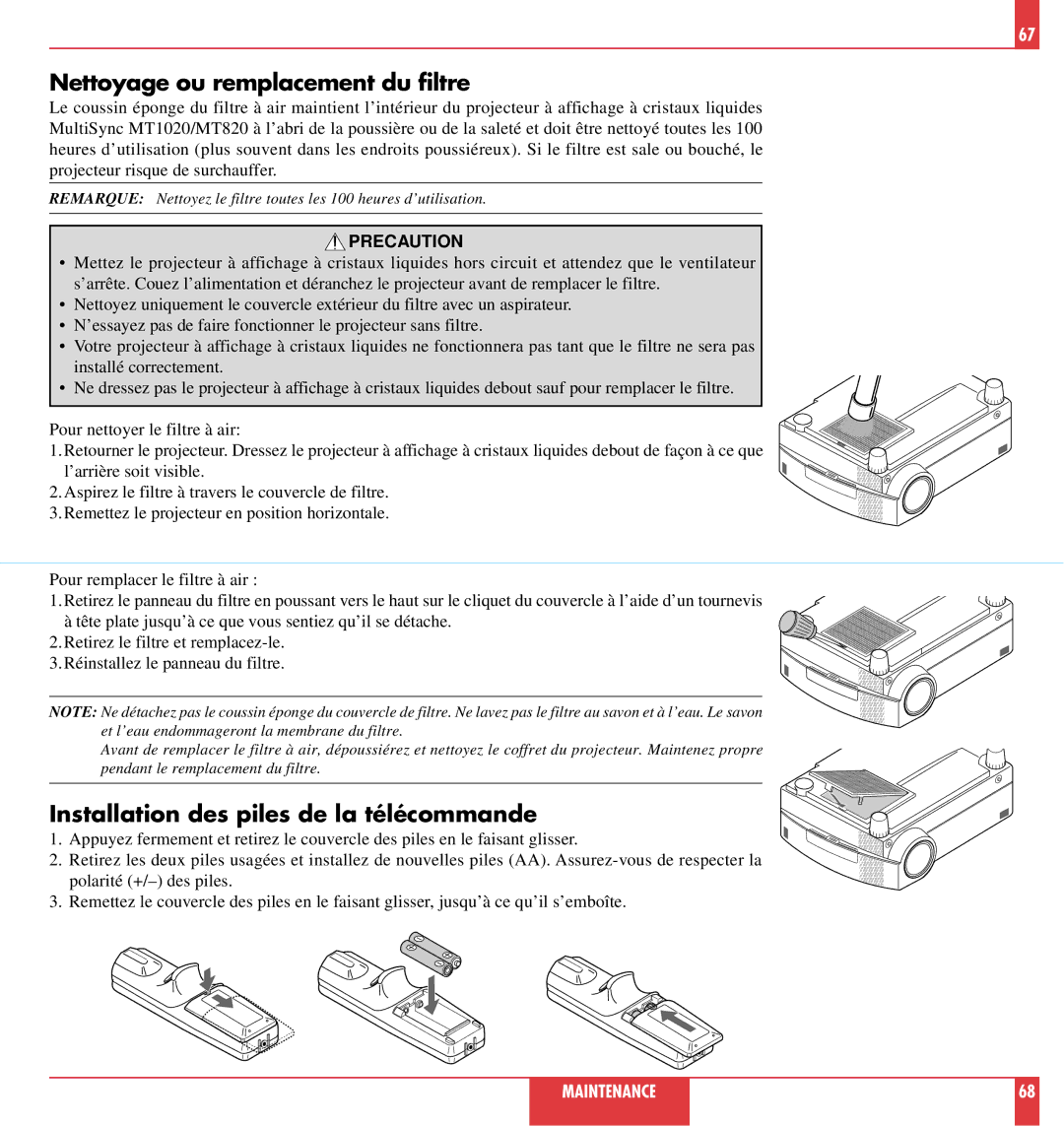 NEC MT1020, MT820 user manual Nettoyage ou remplacement du filtre, Installation des piles de la télécommande 