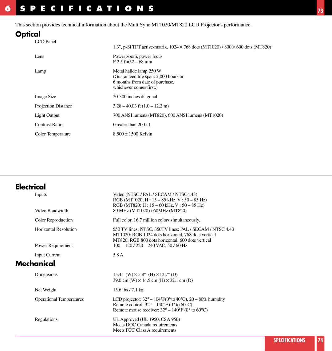 NEC MT820, MT1020 user manual Specification S, Optical, Electrical, Mechanical 