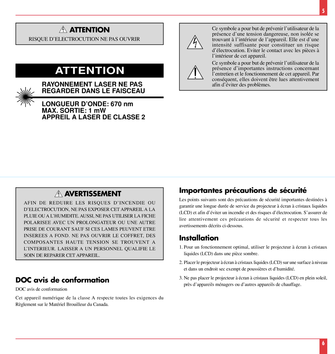 NEC MT820, MT1020 user manual DOC avis de conformation, Importantes précautions de sécurité 