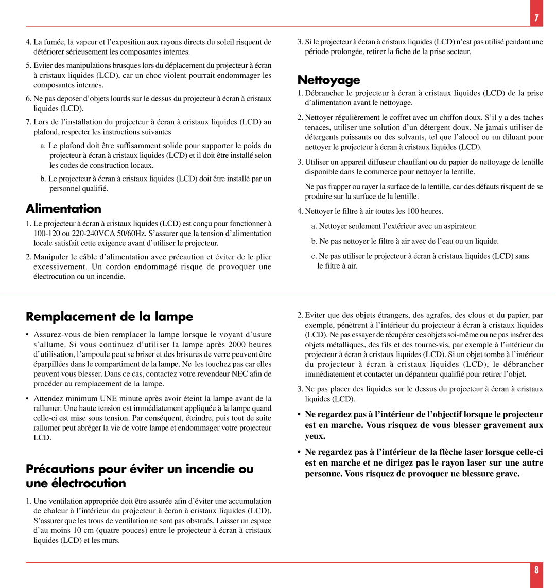 NEC MT1020 Nettoyage, Alimentation, Remplacement de la lampe, Précautions pour éviter un incendie ou une électrocution 