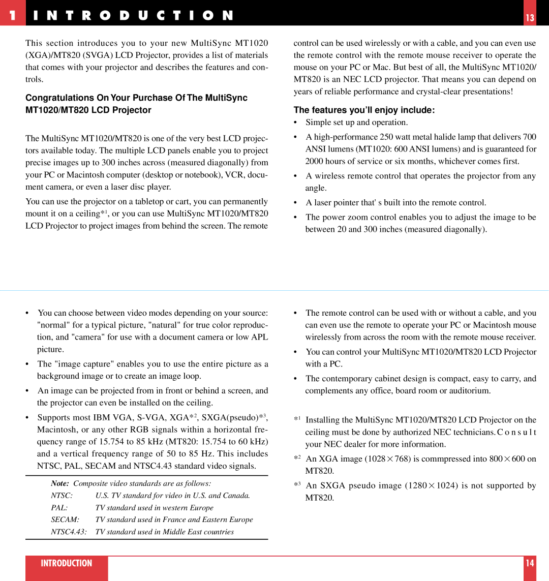 NEC MT820, MT1020 user manual T R O D U C T I O N, Features you’ll enjoy include 