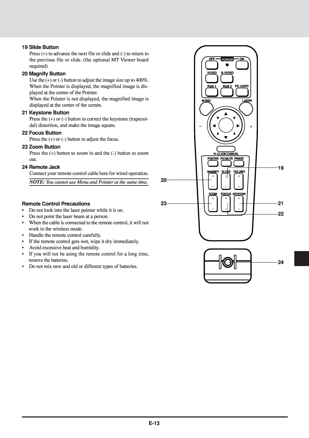 NEC MT830 user manual Slide Button, Magnify Button, Keystone Button, Focus Button, Zoom Button, Remote Jack, E-13 