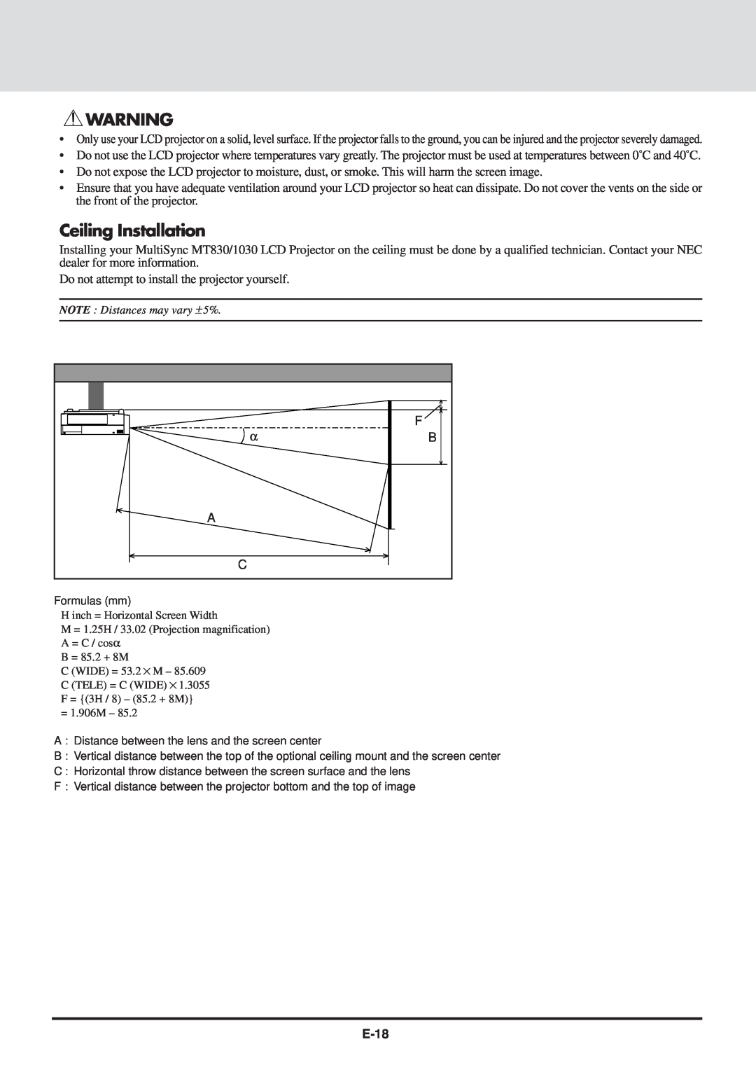 NEC MT830 user manual Ceiling Installation, E-18 