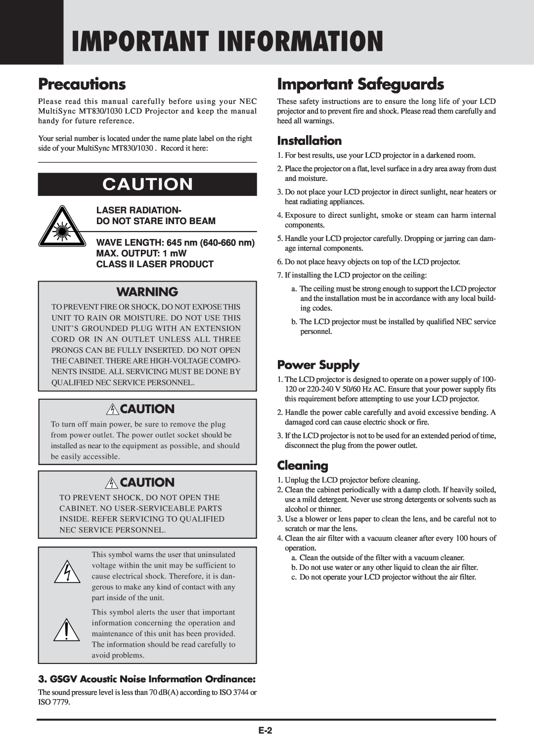 NEC MT830 user manual Important Information, Precautions, Important Safeguards, Installation, Power Supply, Cleaning 