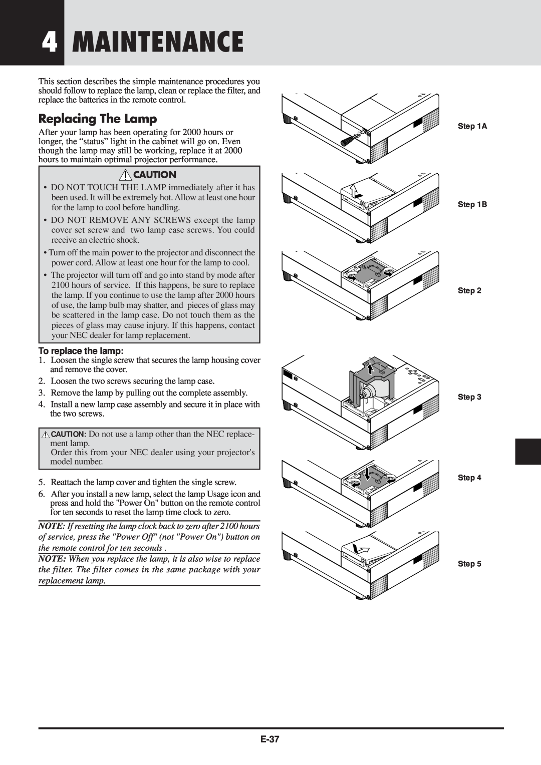 NEC MT830 user manual 4MAINTENANCE, Replacing The Lamp, To replace the lamp, A B Step Step Step Step, E-37 