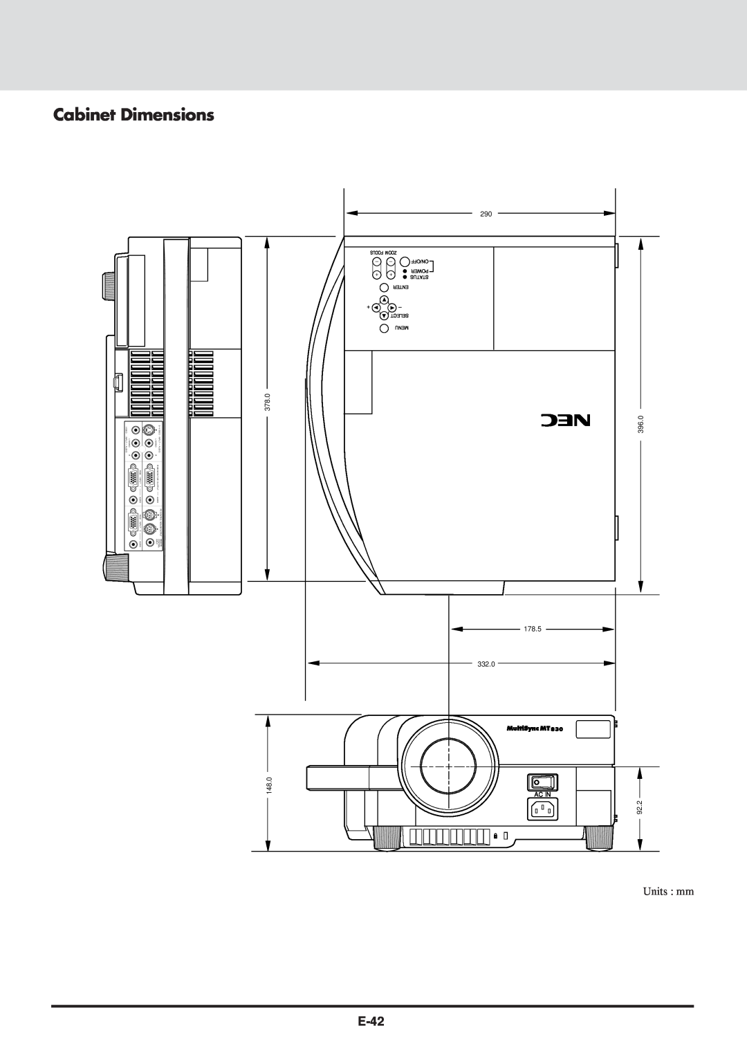 NEC MT830 user manual Cabinet Dimensions, E-42, Units mm, 148.0, 92.2, Ac In, Focus Zoom, ++ Status Enter, Select Menu 