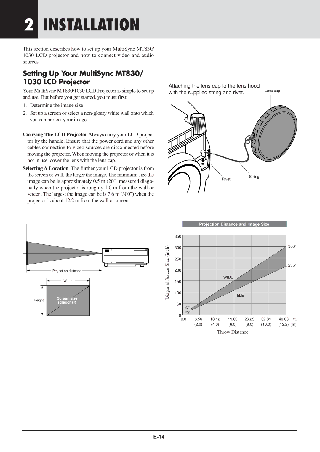 NEC user manual Installation, Setting Up Your MultiSync MT830/ 1030 LCD Projector 