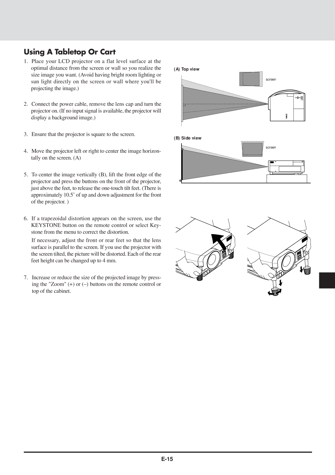 NEC MT830 user manual Using a Tabletop Or Cart, Screen 