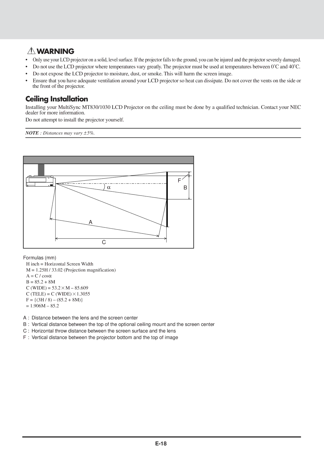 NEC MT830 user manual Ceiling Installation 