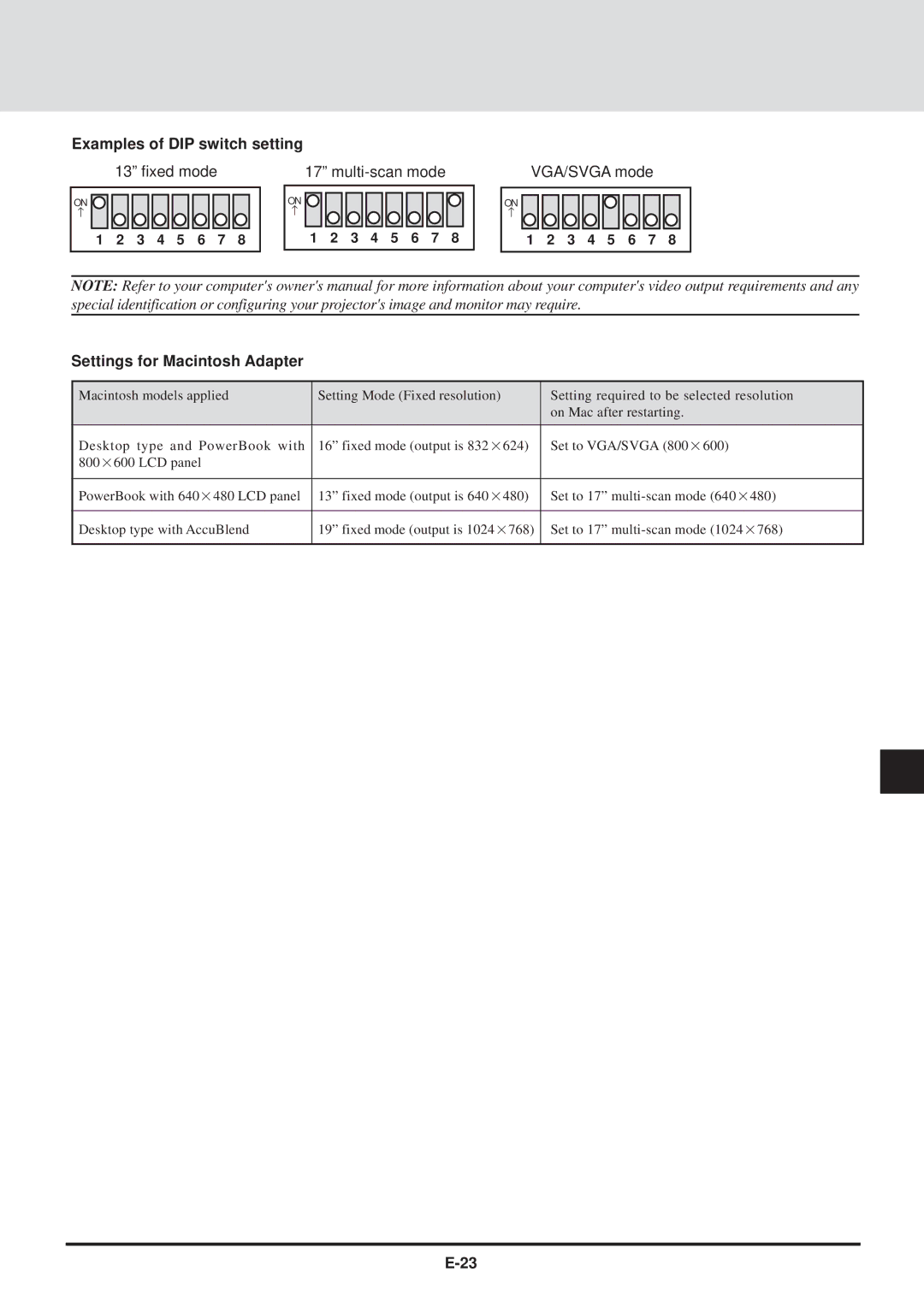 NEC MT830 user manual Examples of DIP switch setting, Settings for Macintosh Adapter 