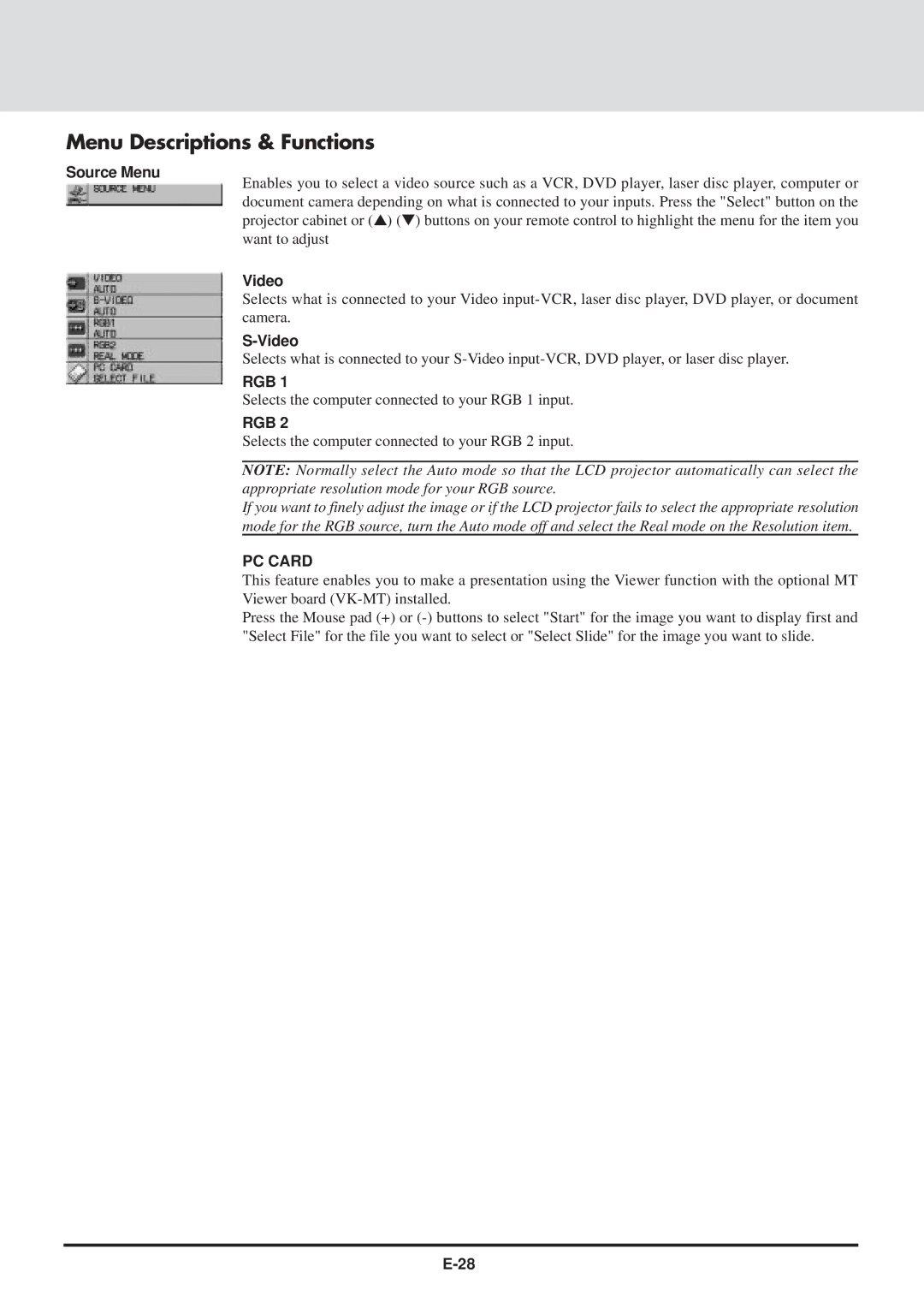 NEC MT830 user manual Menu Descriptions & Functions, Source Menu, Video 