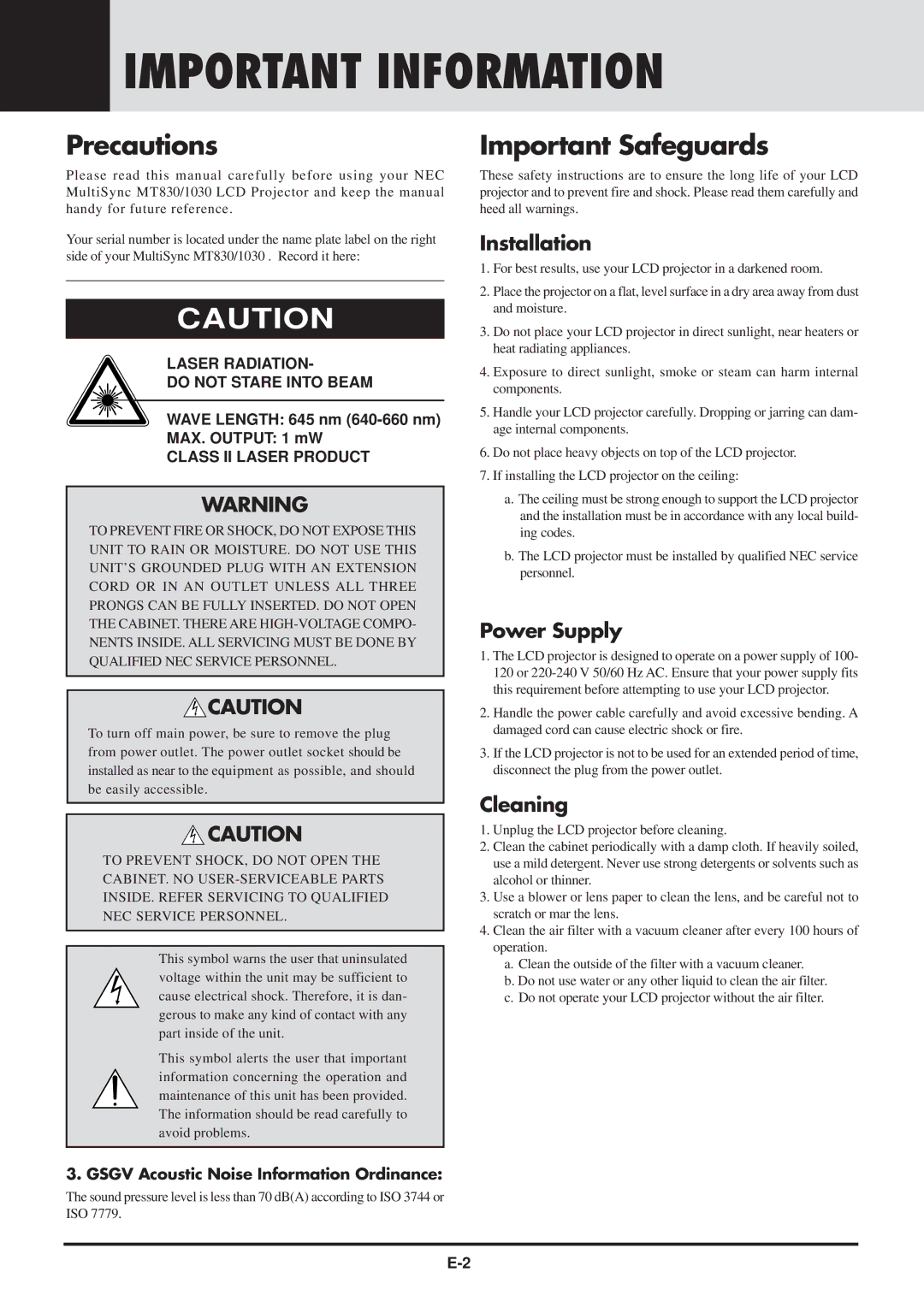 NEC MT830 user manual Important Information, Installation, Power Supply, Cleaning 