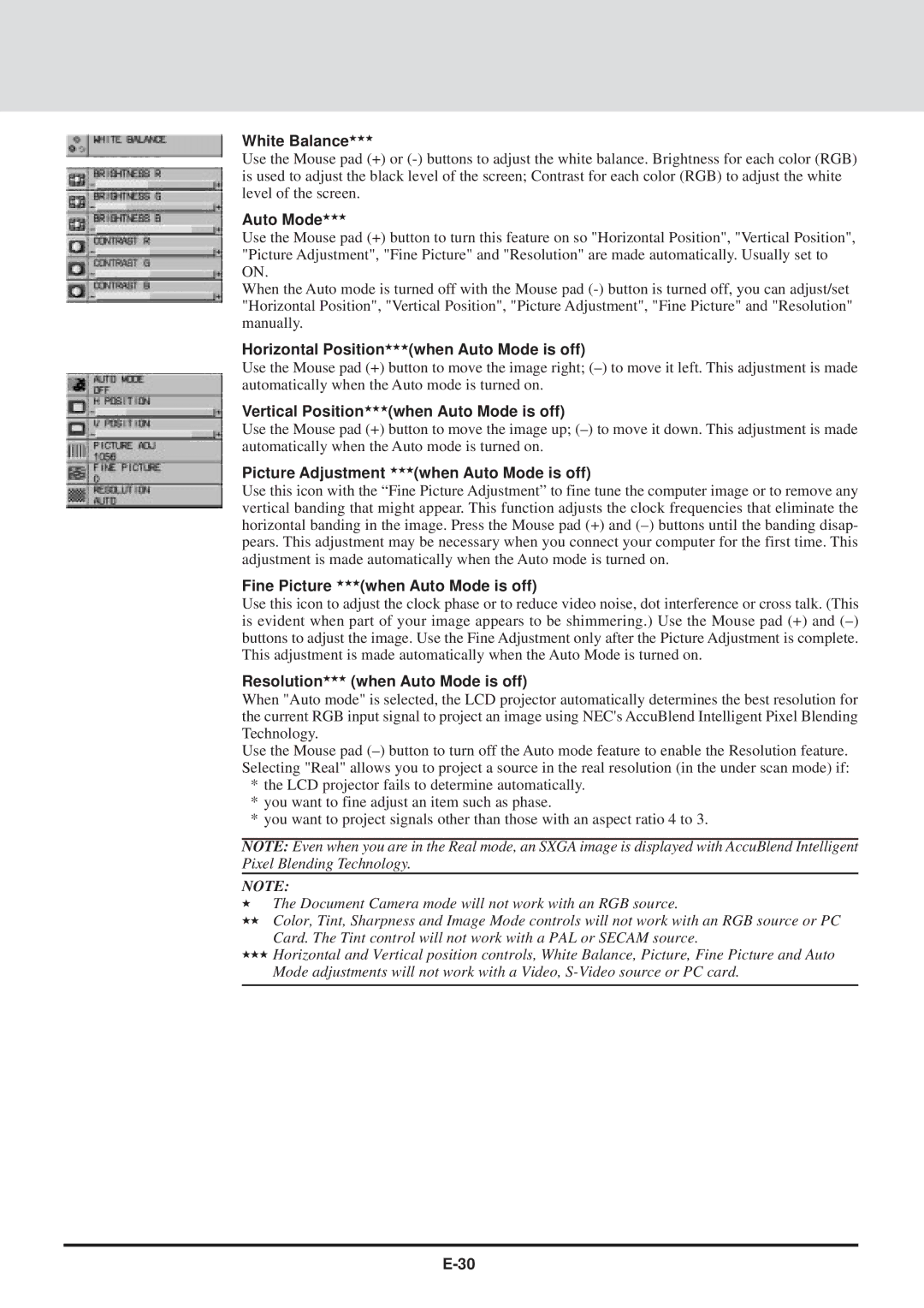 NEC MT830 user manual White Balance, Horizontal Positionwhen Auto Mode is off, Vertical Positionwhen Auto Mode is off 