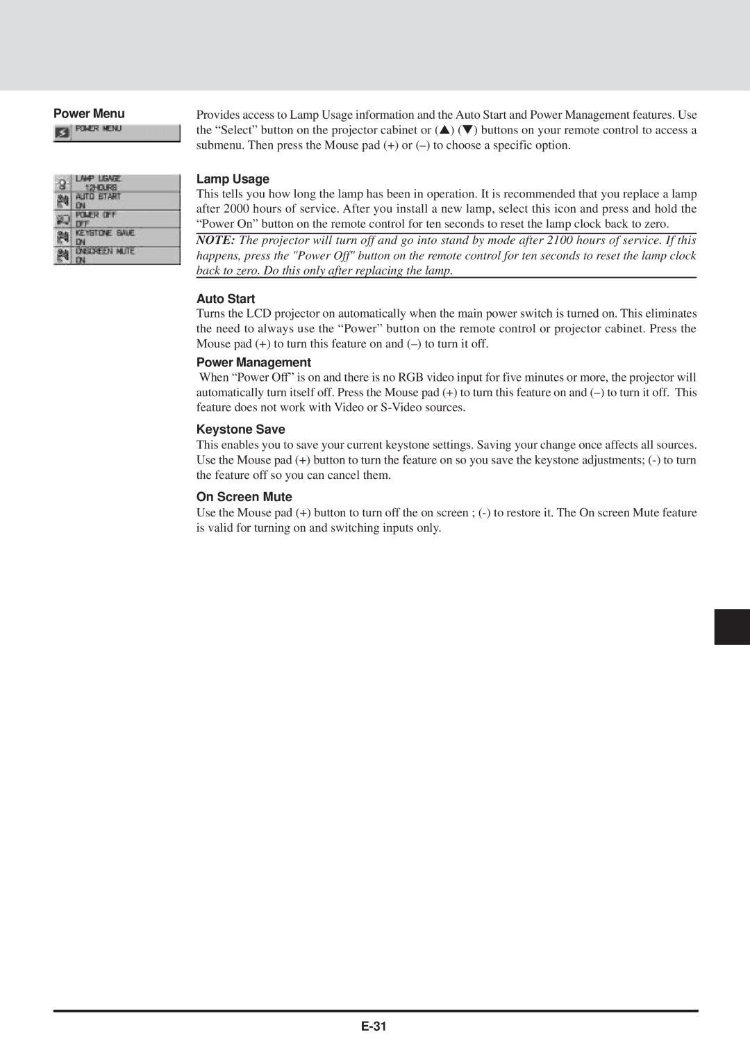 NEC MT830 user manual Power Menu, Lamp Usage, Auto Start, Power Management, Keystone Save, On Screen Mute 