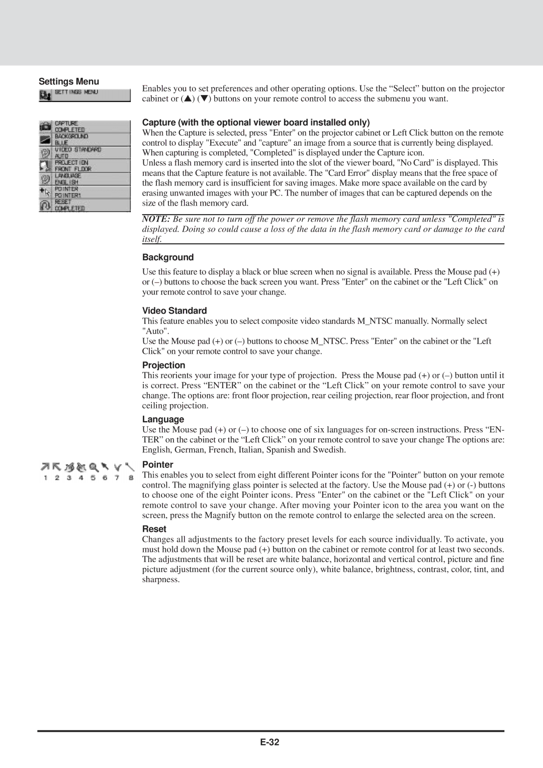 NEC MT830 Settings Menu, Capture with the optional viewer board installed only, Background, Video Standard, Projection 