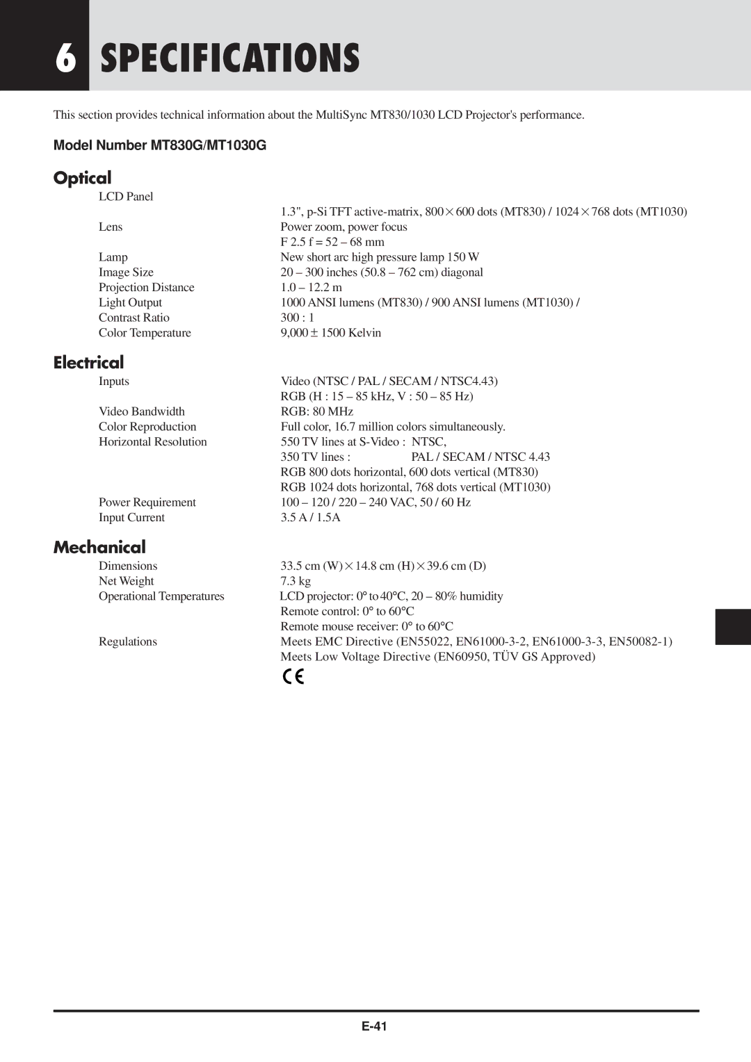 NEC MT830 user manual Specifications, Optical, Electrical, Mechanical 