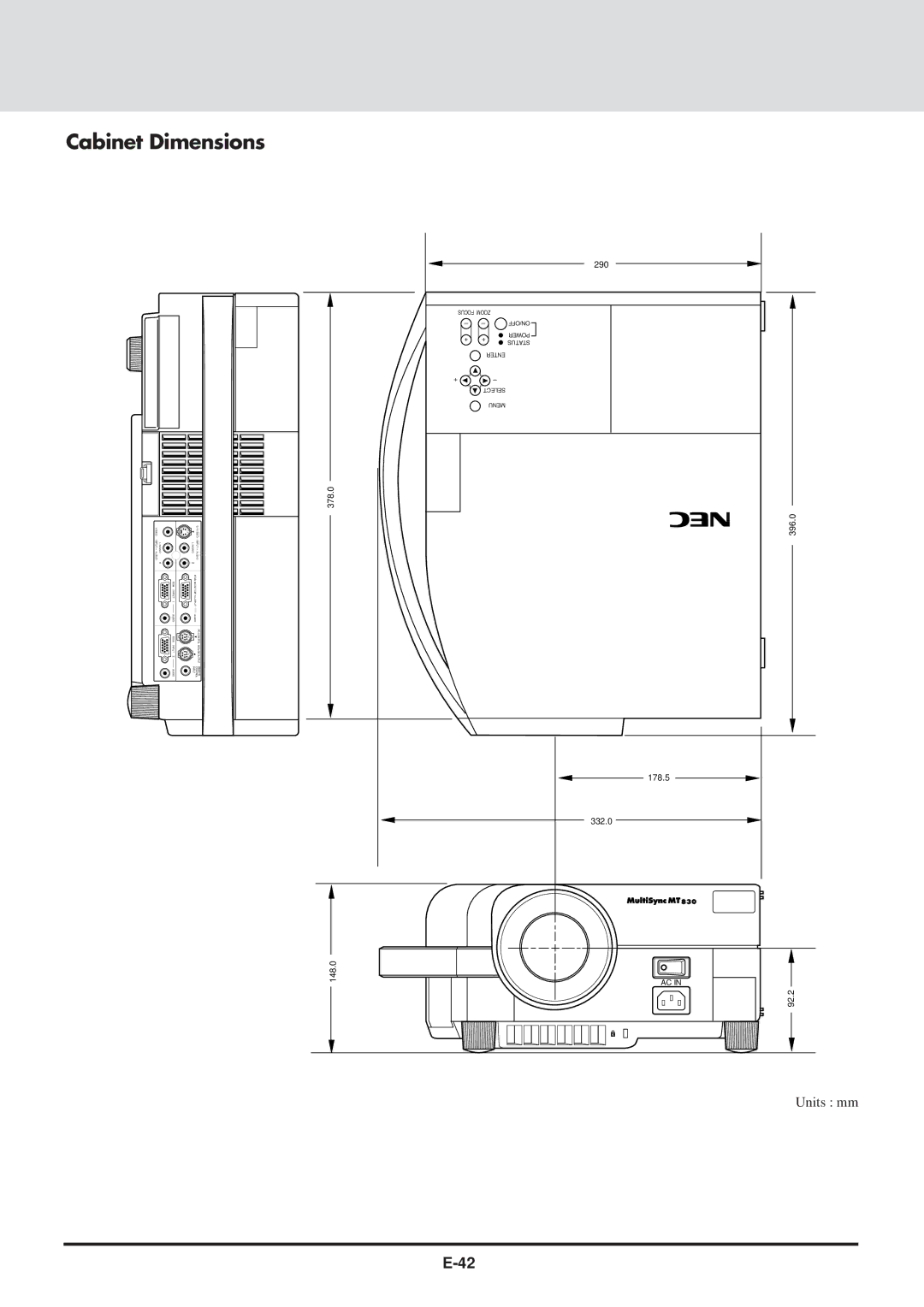 NEC MT830 user manual Cabinet Dimensions, 378.0 