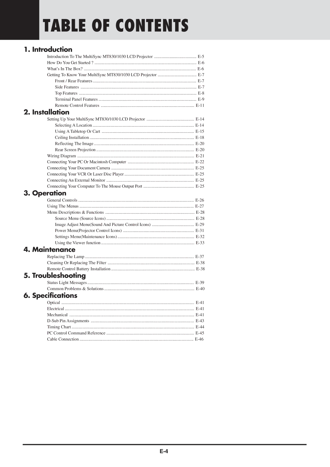 NEC MT830 user manual Table of Contents 