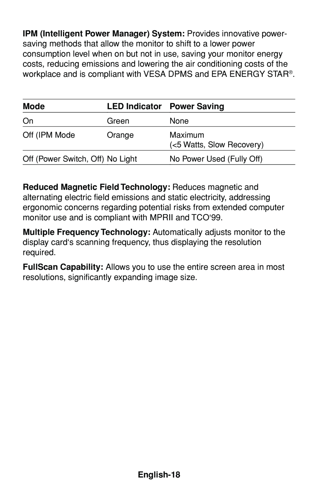 NEC MultiSync 75F user manual LED Indicator, Power Saving, English-18, Green, None, Off IPM Mode, Orange, Maximum 