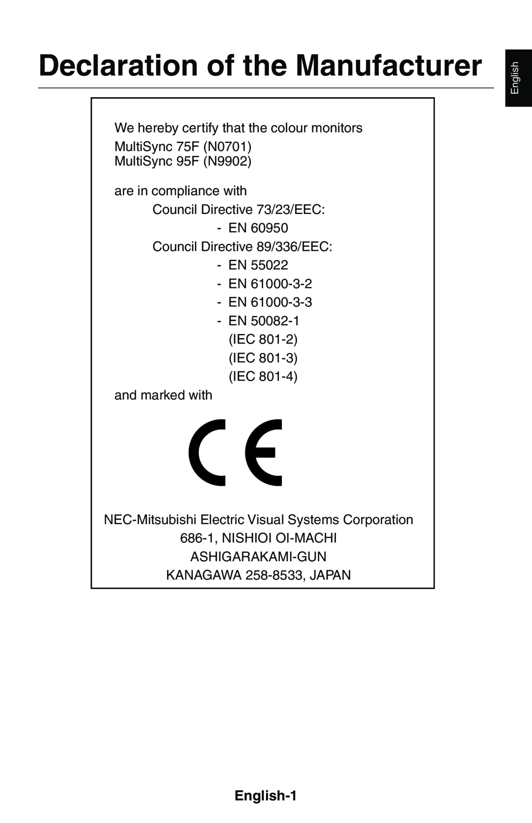 NEC MultiSync 75F user manual English-1, Declaration of the Manufacturer, We hereby certify that the colour monitors 