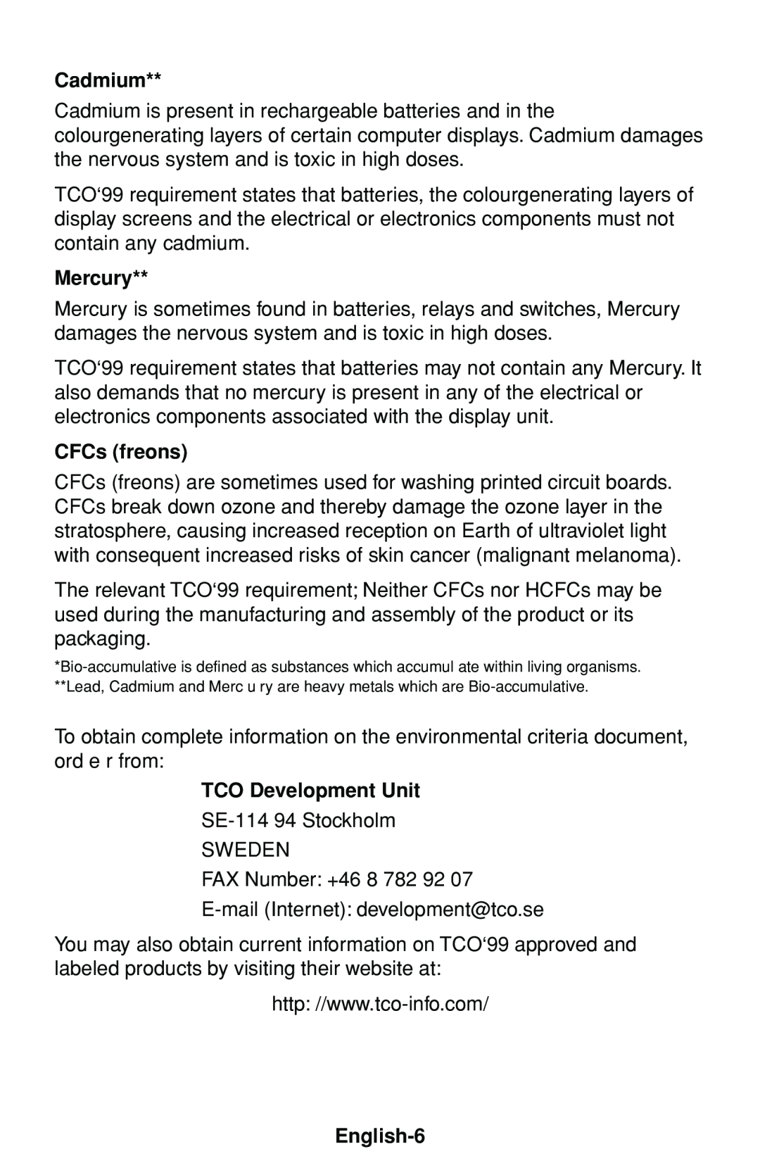 NEC MultiSync 75F user manual Cadmium, Mercury, CFCs freons, TCO Development Unit, English-6 