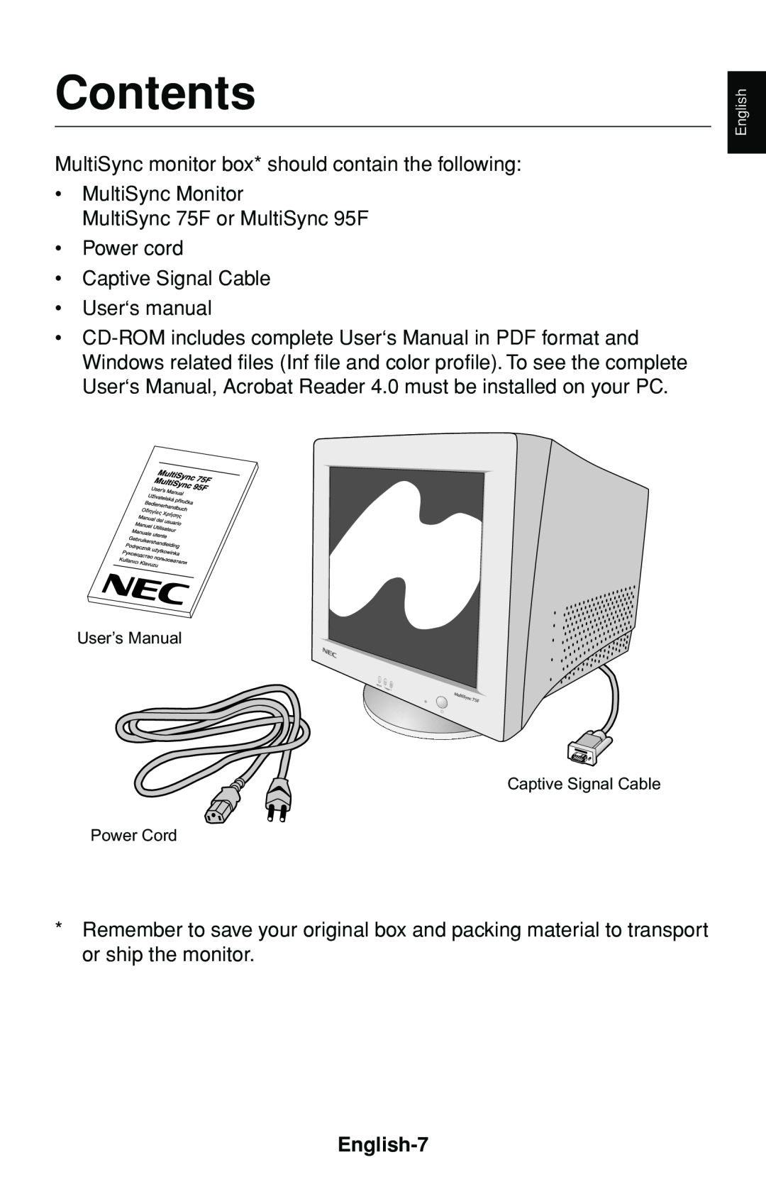 NEC MultiSync 75F user manual Contents, English-7 