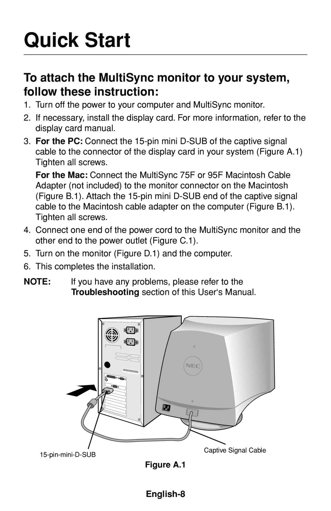 NEC MultiSync 75F user manual Quick Start, English-8 