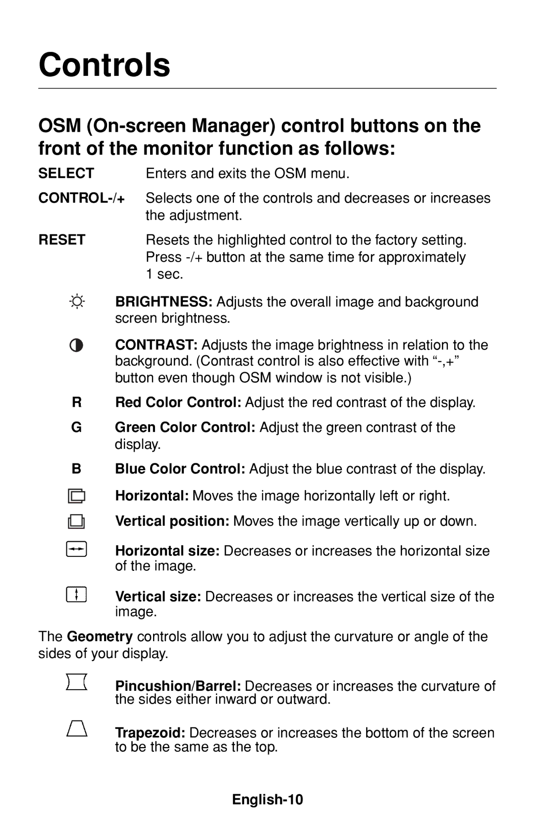 NEC MultiSync 75F user manual Controls, English-10 