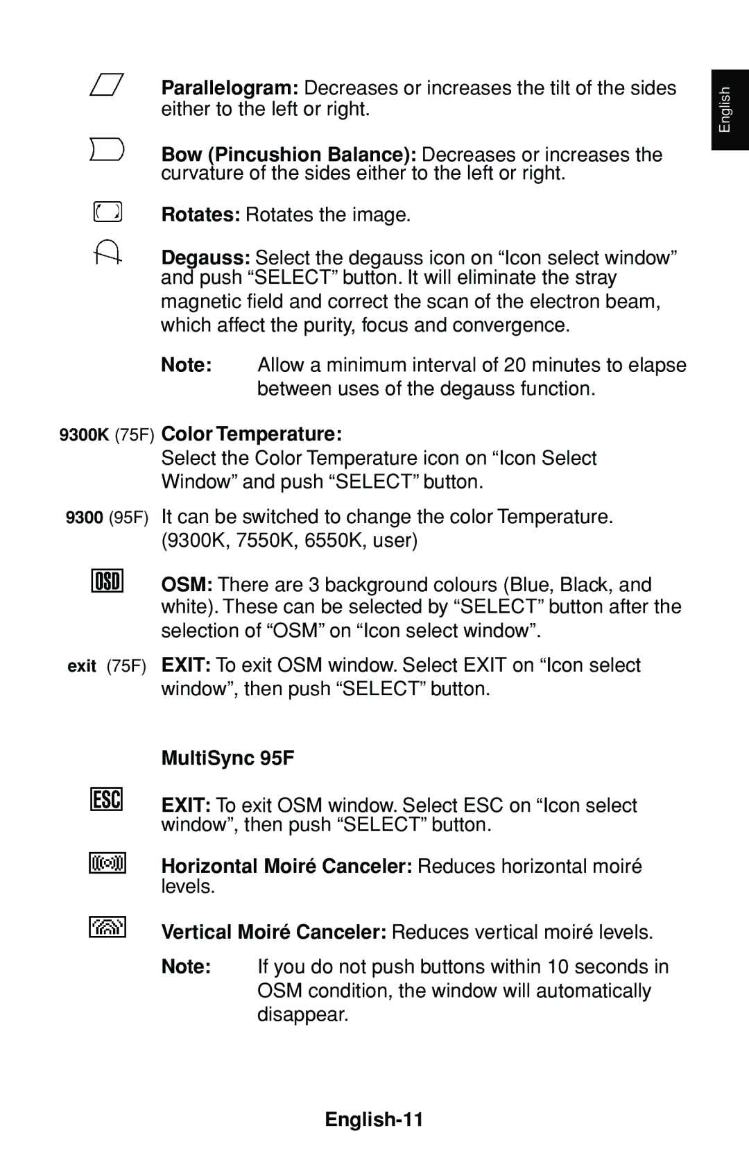 NEC MultiSync 75F user manual Rotates Rotates the image 